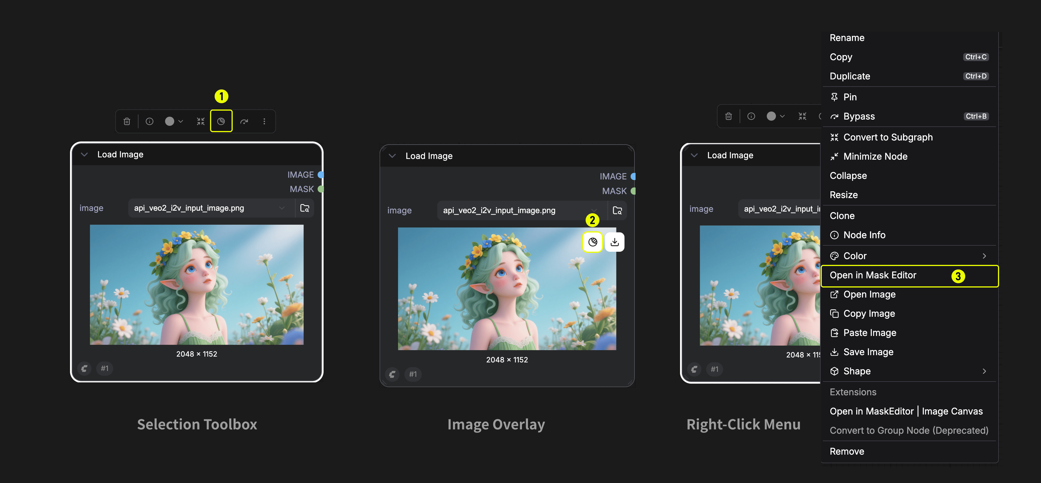 三种打开遮罩编辑器的方式：Selection Toolbox、Image Overlay、右键菜单